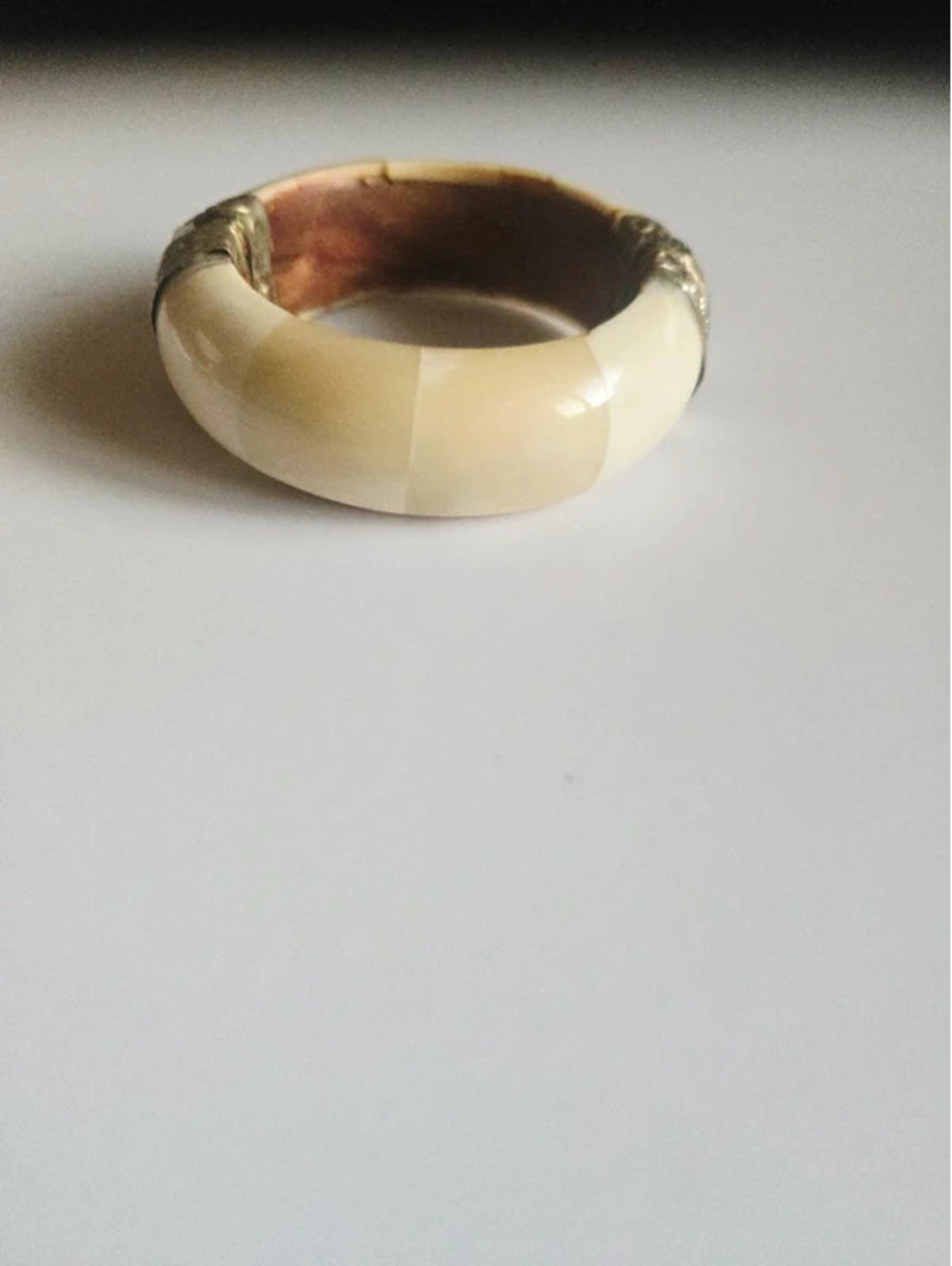 Vintage Bone Wood Hinged Bangle Bracelet Silver Tone Pin Clasp